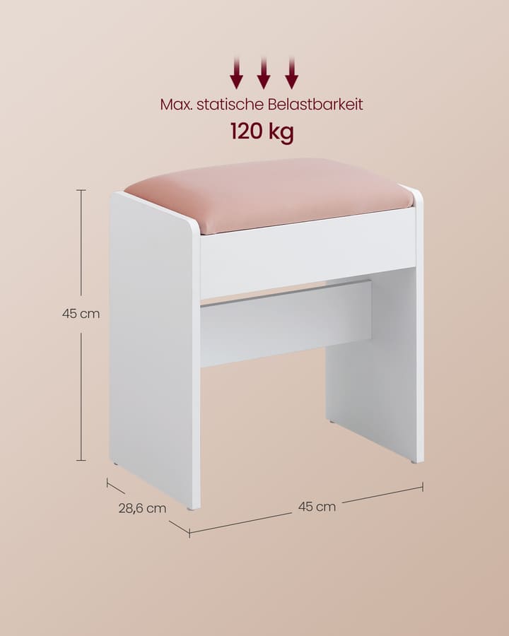 Banco de toucador de veludo 28,6 x 45 x 45 cm branco-rosa pastel