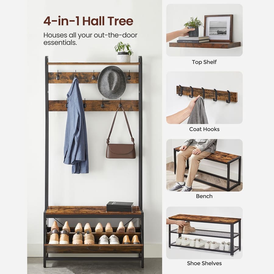 Cabide Bengaleiro Hall com sapateira 30 x 85 x 180 cm Castanho