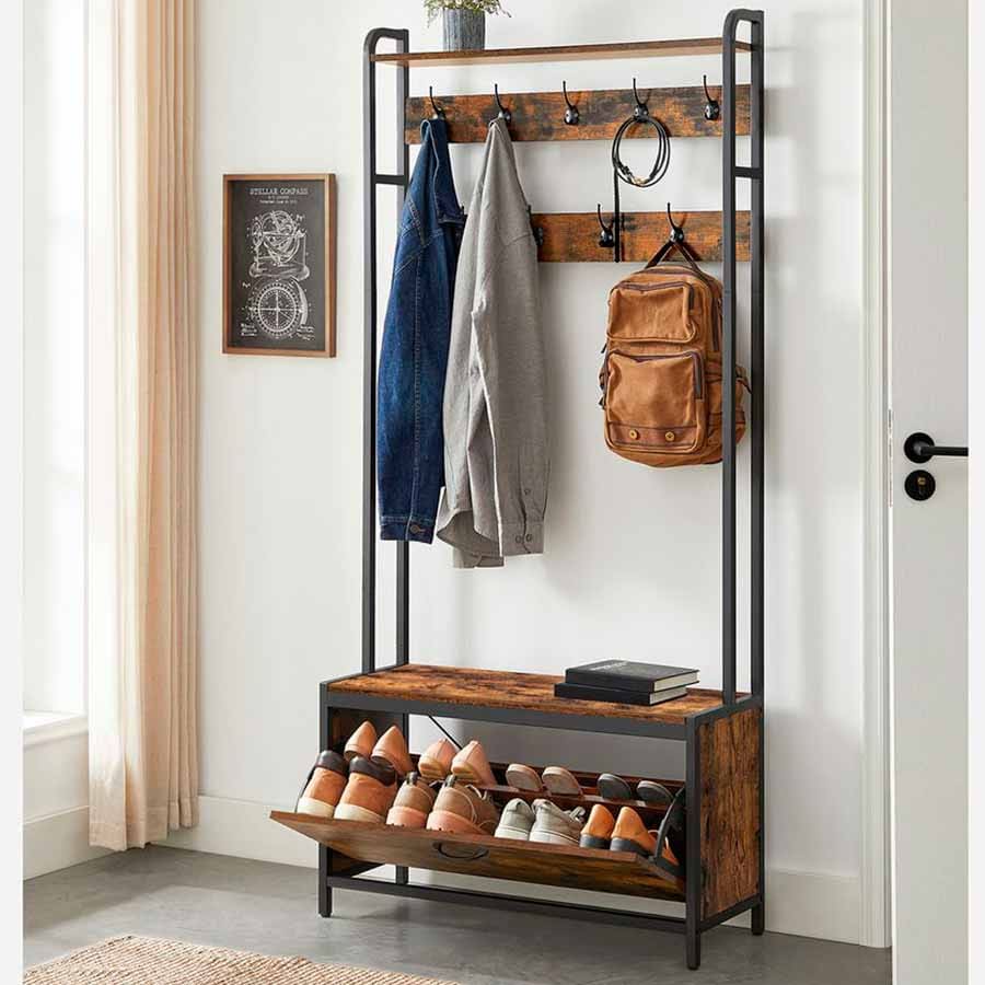 Cabide Bengaleiro Hall com sapateira 30 x 85 x 180 cm Castanho
