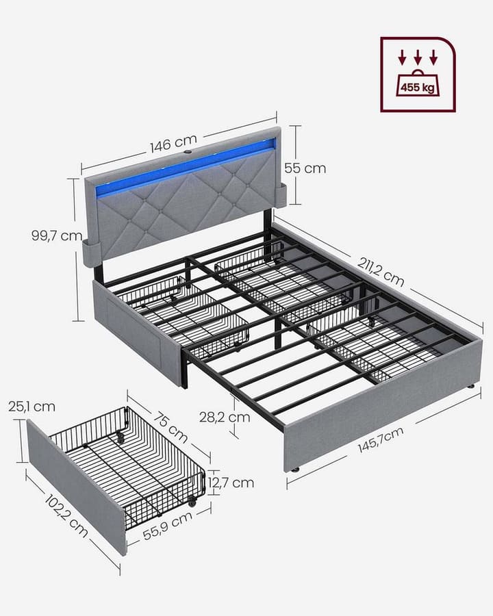 Cama 140 x 200 cm com estação de carregamento (sem colchão)