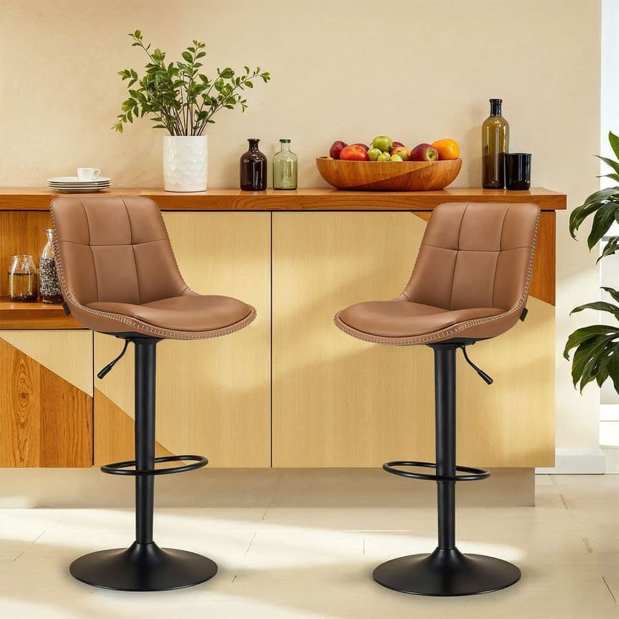 Conjunto de 2 bancos altos bar com encosto em castanho caramelo