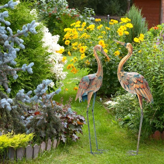 Conjunto de 2 estátuas de jardim de grous metálicos
