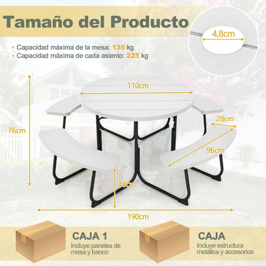 Conjunto de jardim para 8 pessoas com mesa e 4 bancos