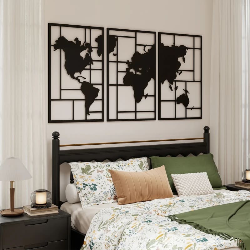 Decoração de Parede em Metal com Mapa Múndi Conjunto de 3 Peças