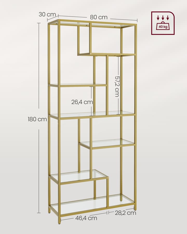 Estante com 6 prateleiras 30 x 80 x 180 cm dourada-transparente