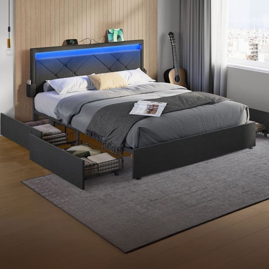 Estrutura de cama de casal 160 x 200 cm com LED e 4 gavetas
