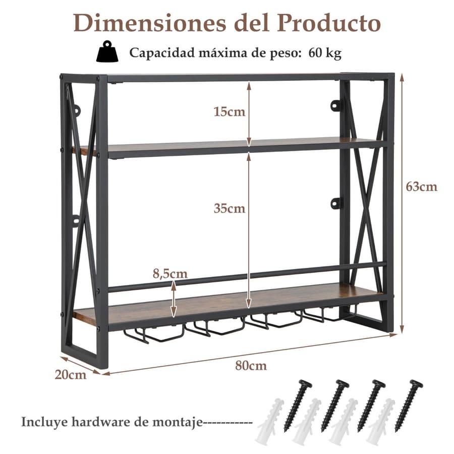 Garrafeira metálica industrial de parede para vinhos 3 níveis 4