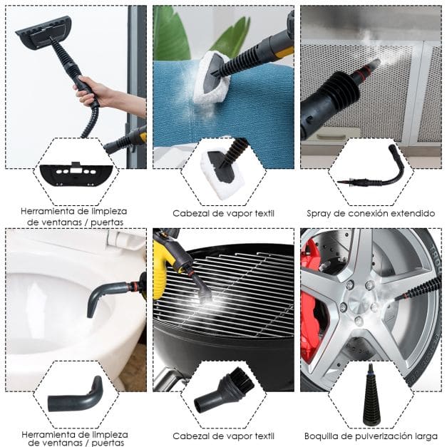 Máquina de limpeza a vapor portátil com 9 acessórios e design