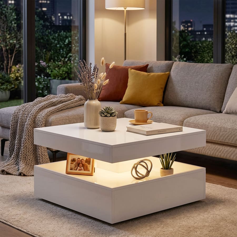Mesa de Centro com LED RGB de 7 Cores com Armazenamento Aberto