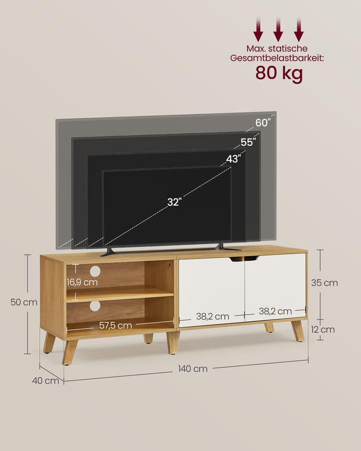 Móvel para televisão com 140 cm de comprimento em carvalho