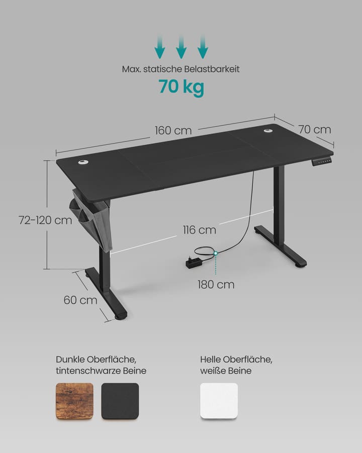 Secretária eléctrica regulável em altura 70 x 160 x (72-120) cm